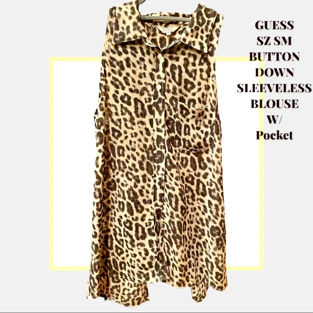 GUESS SZ SM SLEEVELESS BUTTON DOWN FRONT POCKET FLOWY TUNIC W/BACK SLIT & COLLAR - Picture 1 of 14